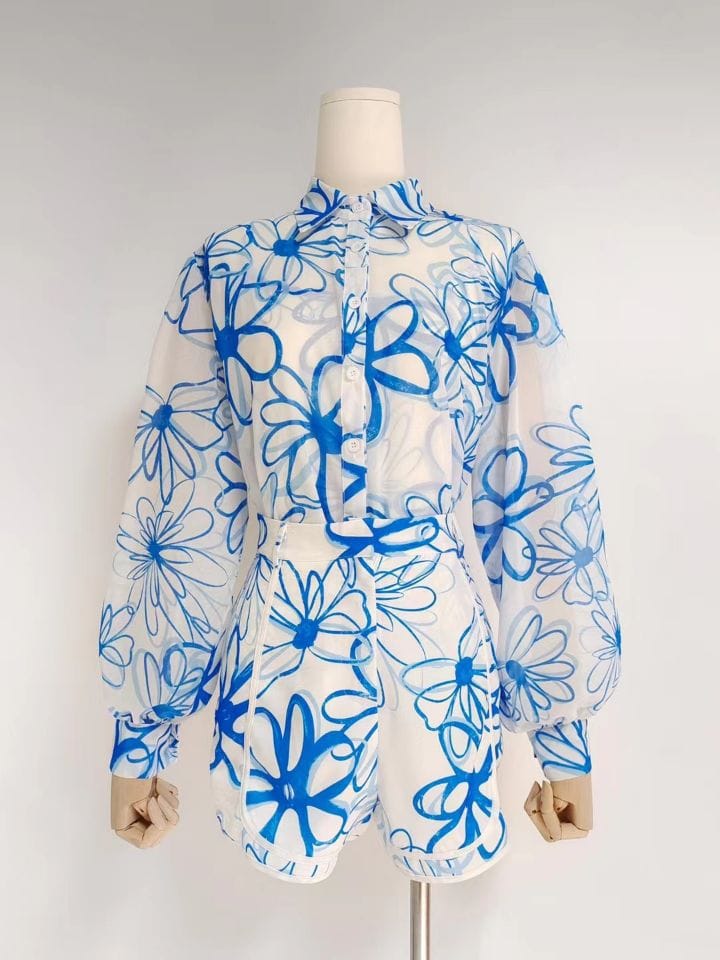 L / Blue 2022 Summer Beach Ropa Dama Resort Style Shirt Top + Printed Sling Shorts Three-Piece Suit Women