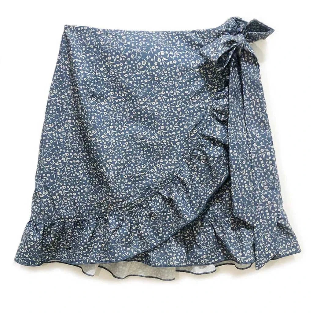 L / Blue 2022 summer women lace up waist skirt European and American irregular falbala hem floral printed girls casual skirts