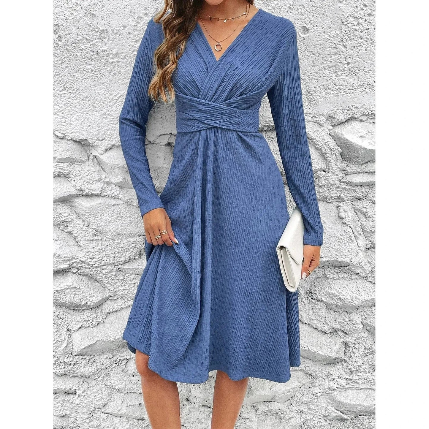 L / Blue 2023 Factory Wholesale Summer Women's Solid Color Long Sleeve High-Waist Dress Lady's V-neck Casual Pullover Striped Dress