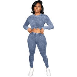 L / Blue 2023 New Arrived Fashion Knitting Long Sleeves Blank Jogging Set Solid Color 2 Piece Skinny Track Suits For Women