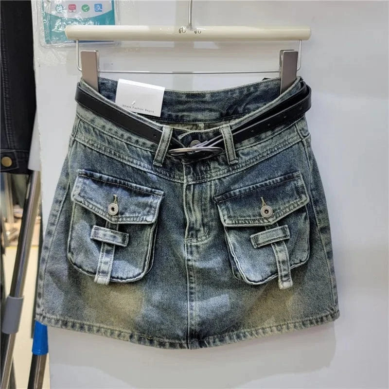 L / Blue 2024 Spring Trendy New High Waist Wrap Hip Skirt Vintage Fashion Women's Pockets Button Zipper Denim Skirts  Female