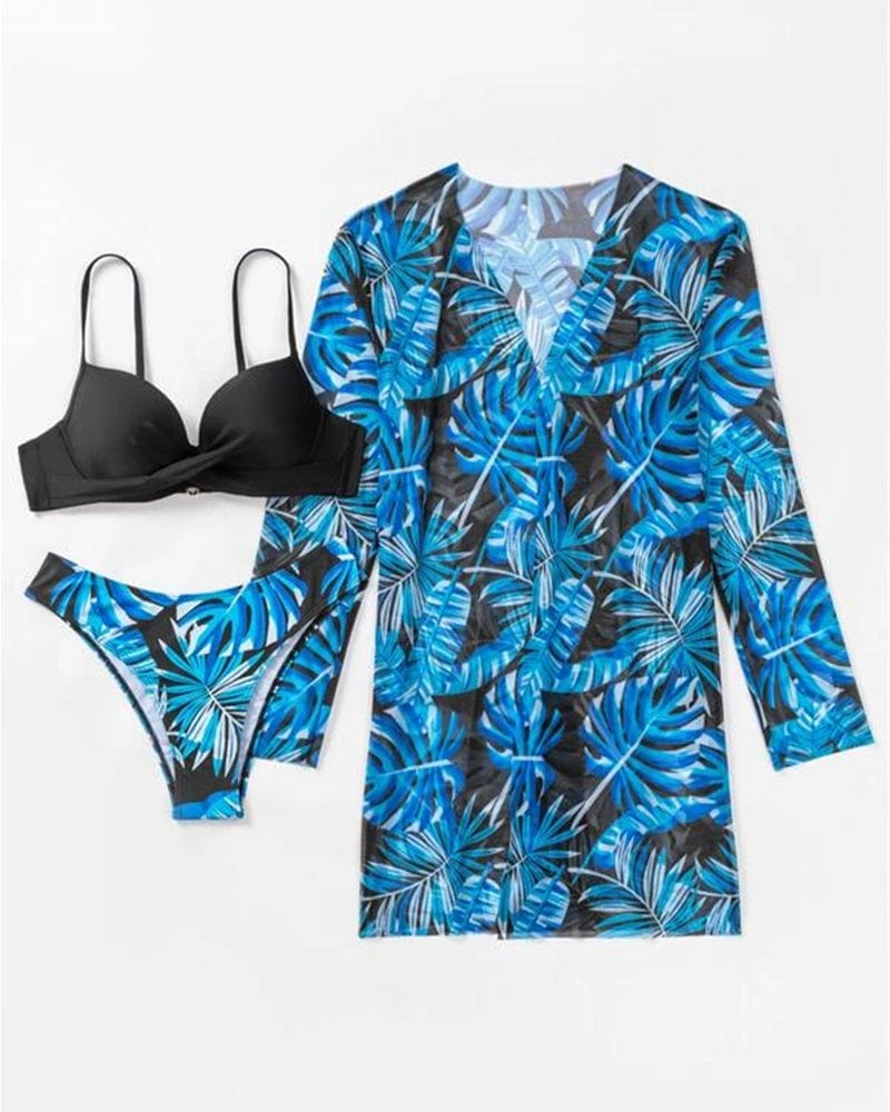 L / Blue-3 Piece Set OOTN 2023 Beach Bathing Suits Cover Up Swimsuit For Women Push Up Long Sleeve Three Pieces Floral Twist swimwear beachwear 2023