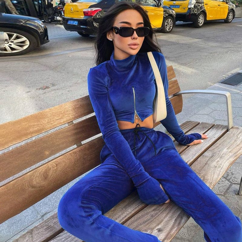 L / Blue 9811 Velvet Long Sleeve Zipper High Waist Crop Top Casual Long Pants Women'S Sets 2022 New Sportsuit Winter American Clothing