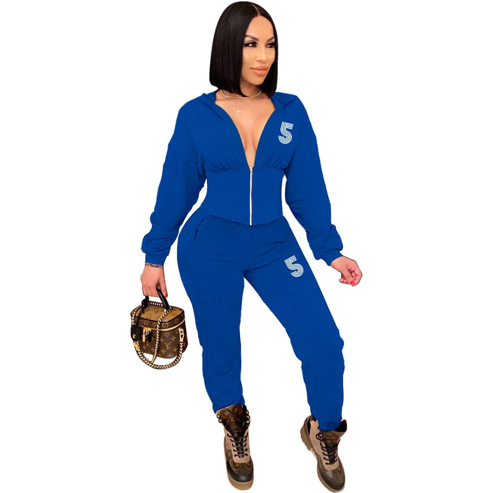L / Blue Autumn Winter Fashion Printed Tracksuit 2 Piece Set Winter Zip Up Corset Hoodie Pants Two Piece Outfits