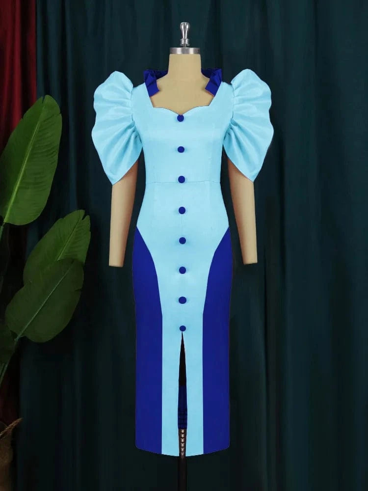 L / Blue Blue Patchwork Elegant New Ruffle Formal Party Lady Cocktail Dresses