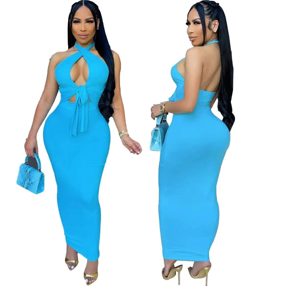 L / Blue Bodycon Sleeveless Beach Maxi Dress Women Wholesale Sexy Summer Women Tank Halter Dress Cut Out Long Solid Wrap Dress