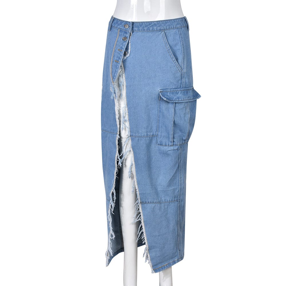 L / Blue Bomblook LCSK07 Women Spring 2023 Fashion Streetwear Solid Color Straight Side Split Sexy Maxi Denim Skirt