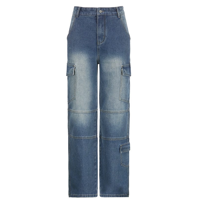 L / Blue Casual Fashion Straight Jeans Pants High Waist Jeans Pants for women Pockets Denim Trousers Wash Blue Jeans Womens