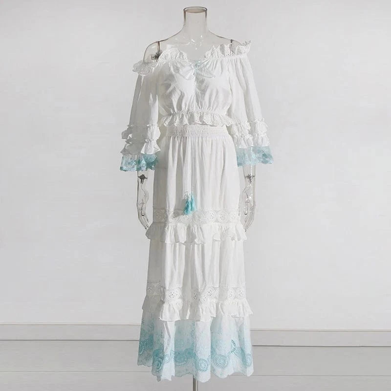 L / Blue CHICEVER Elegant Slash Neck Half Sleeve Top High Waist A Line Women Skirt And Top Set