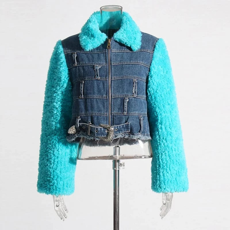 L / Blue CHICEVER Fashion Lapel Long Sleeve Patchwork Lambswool Winter Jackets For Women 2023