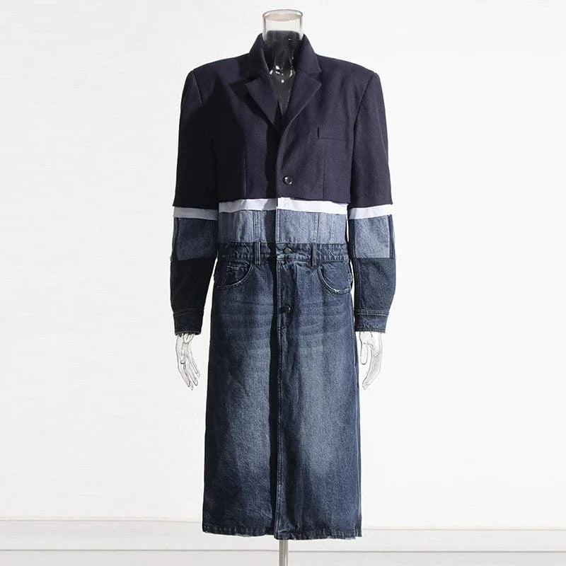 L / Blue CHICEVER Fashion Lapel Long Sleeve Single Breasted Long Winter Jackets For Women