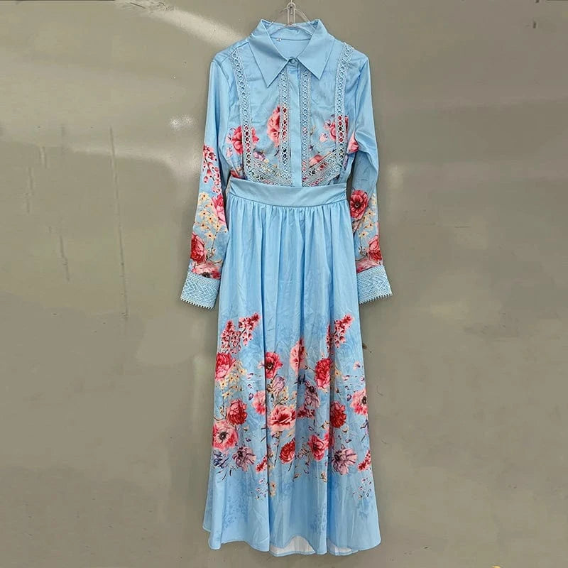 L / Blue CHICEVER Lapel Long Sleeve Shirt High Waist A Line Women Casual Suits Cotton Two Pieces Set