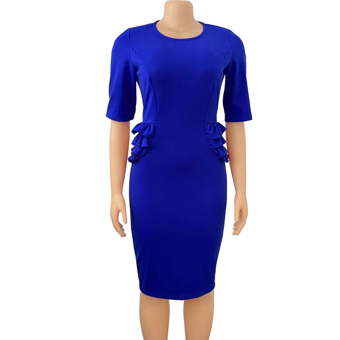L / Blue Elegant O Neck Bodycon Half Sleeves Ruffles Casual Office Ladies Dress