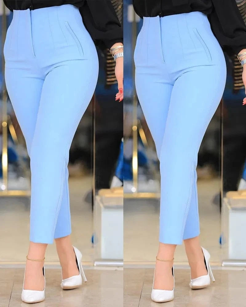 L / Blue European and American New casual fashion Women's pants Solid color High waist Women's pants