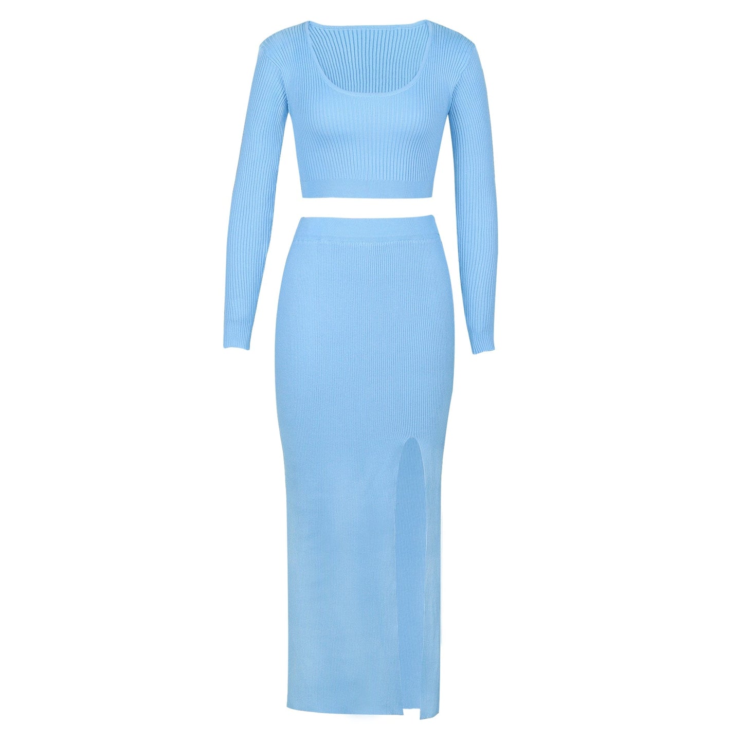 L / Blue Factory women clothing foreign solid color long-sleeved sweater knitting fashion sexy split long skirt 2 pieces women set