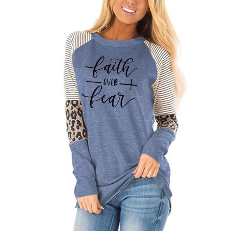 L / Blue faith Autumn Winter Leopard stitching long sleeves high quality hotsell women loose casual blouse oversized Women's T-Shirts