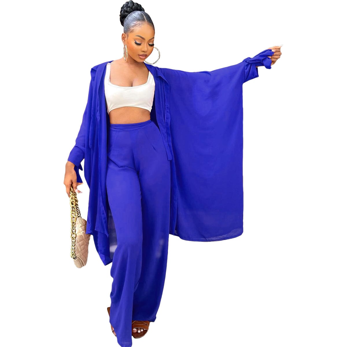 L / Blue Fall 2022 Women Clothes Casual Solid Lace-Up Sleeve Cardigan Micro Pleated Wide Leg Pants Set