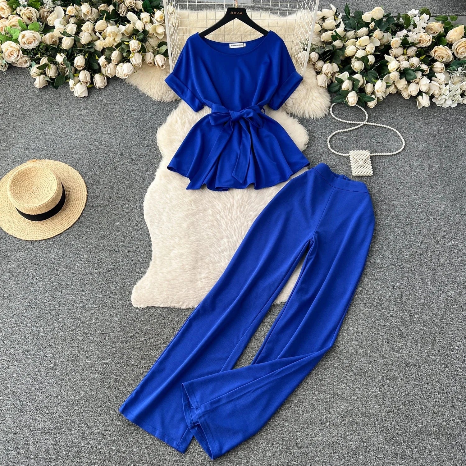 L / Blue Fashion Round Neck Short Sleeve Tie Top Two Piece Women Casual Loose Wide Leg Pants 2 Pieces
