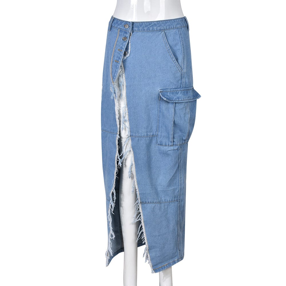 L / Blue GX9150 Wholesale 2023 Women's spring autumn new fashion personality washable pocket high slit jeans denim long skirt