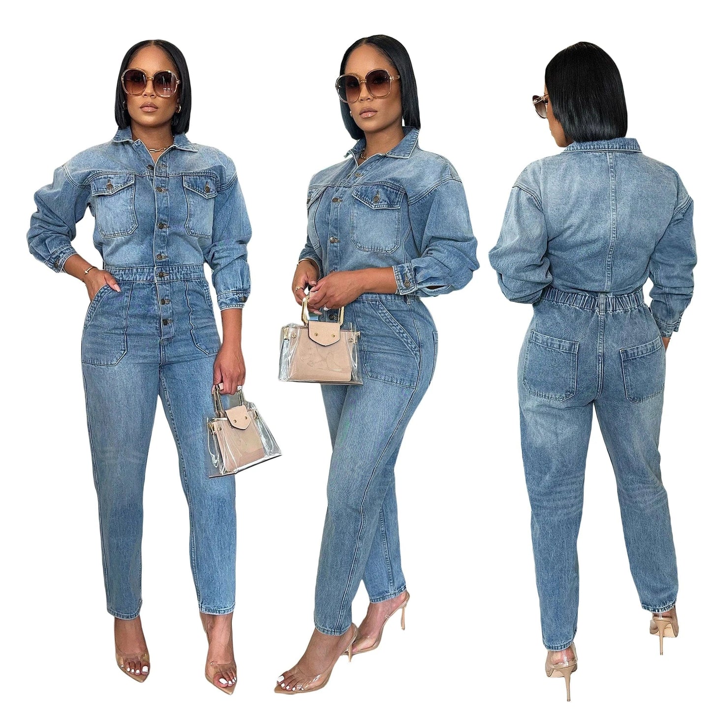 L / Blue High Quality Ready To Ship Winter One Piece Long Sleeve Denim Jeans Jumpsuits Playsuits Bodysuits