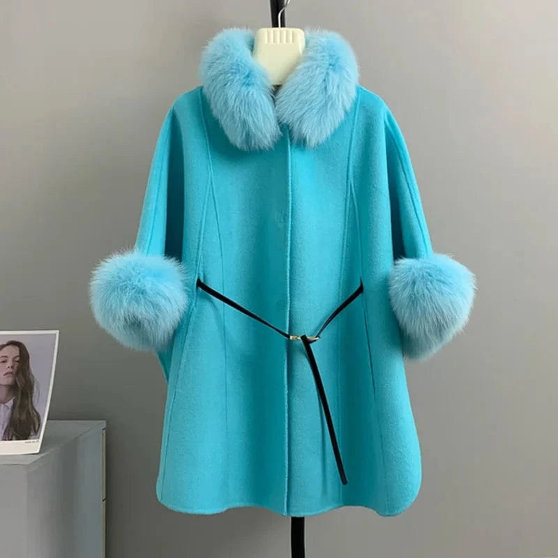 L / Blue High Quality Winter Sheep Wool Fox Fur Collar Cuffs Coat Real Cashmere Wool Coat Women