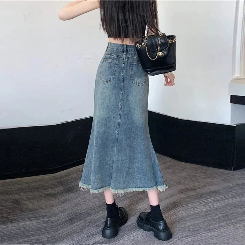 L / Blue High waist Rimmed tassel Fishtail Denim skirt Women's A- line Loose Casual slimming Retro Hip-covered Mid-length skirt