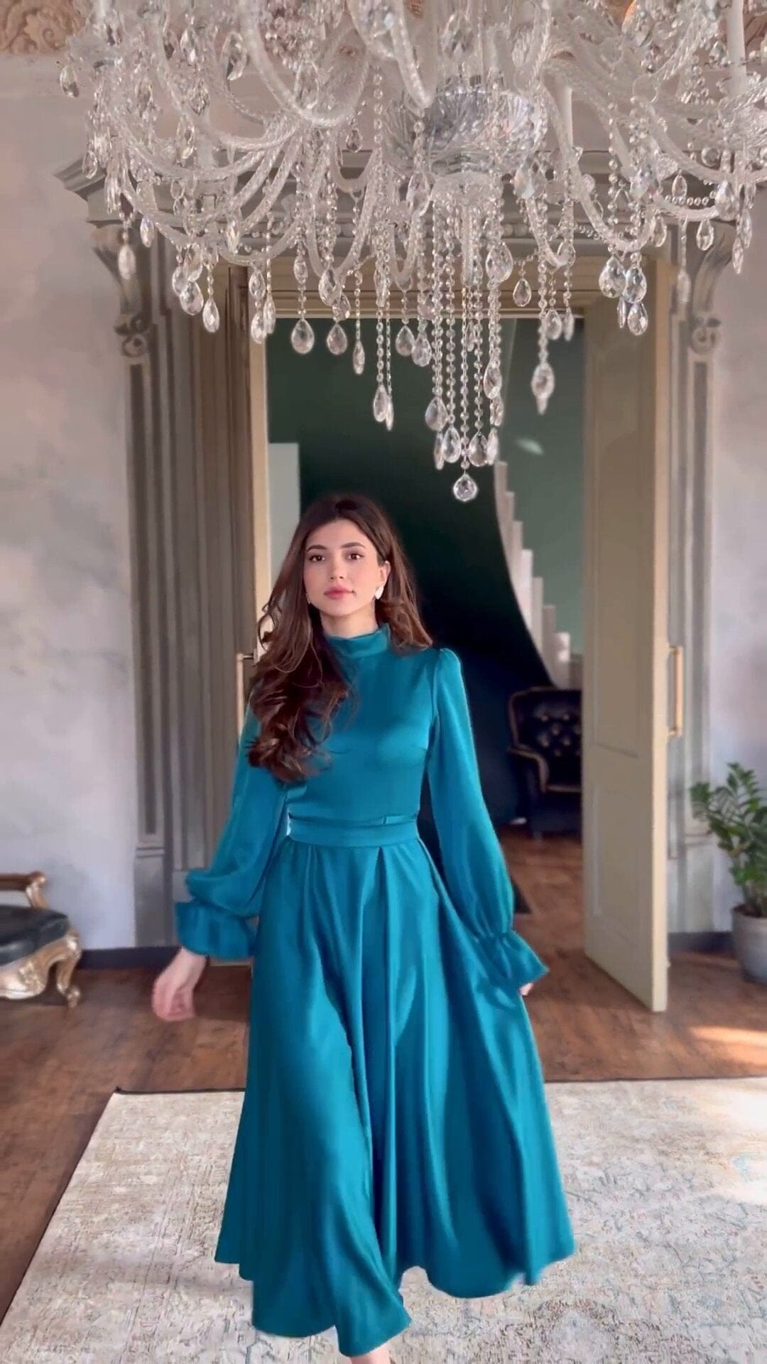 L / Blue In stock 2023 Women's Dress Elegant Lotus Leaf Long Sleeve Standing Neck High Waist ruffled dress