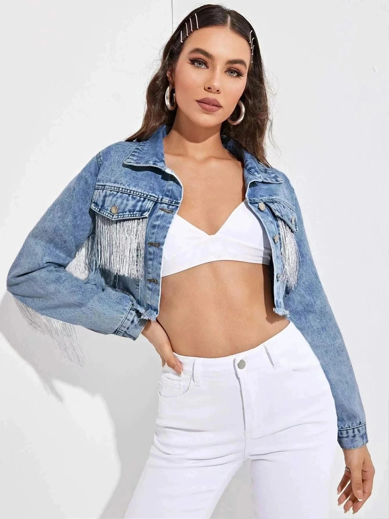 L / Blue Lady Jean Jacket Long Sleeve Woman Denim Jacket Womens Clothing Black Quantity Custom Coat Cotton Blue OEM Pockets