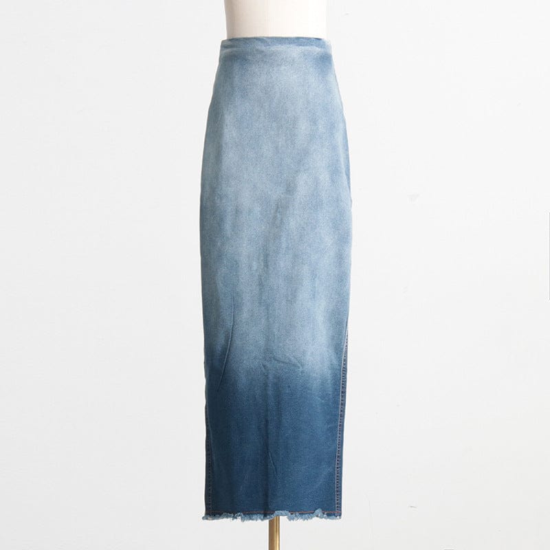 L / Blue New Streetwear Fashion Ladies Casual Gradient Blue Denim Jean Long Maxi Skirt Unique Back Slit High Waist Women's Skirts