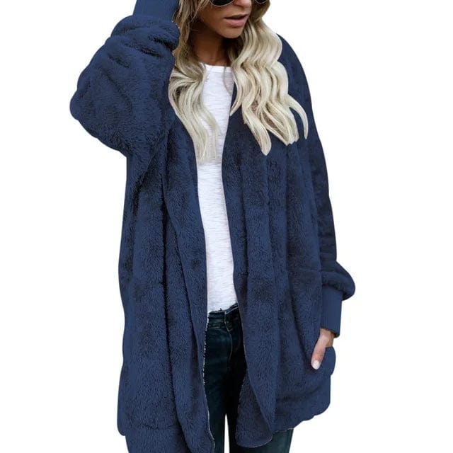 L / Blue New Year Spring Faux Fur Teddy Bear Coat Jacket Women Fashion Open Stitch Hooded Coat Female Long Sleeve Fuzzy Jacket