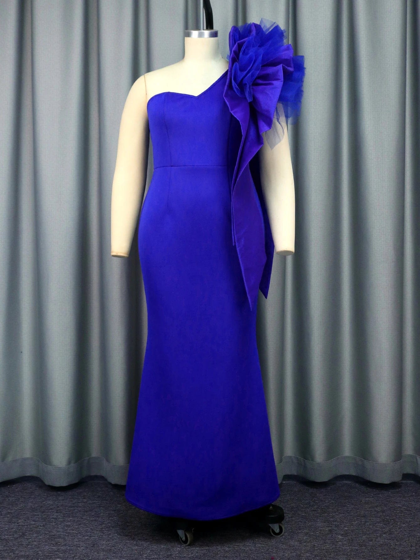 L / Blue One Shoulder Ruffle Mesh Flower Fishtail Maxi Evening Dresses Women