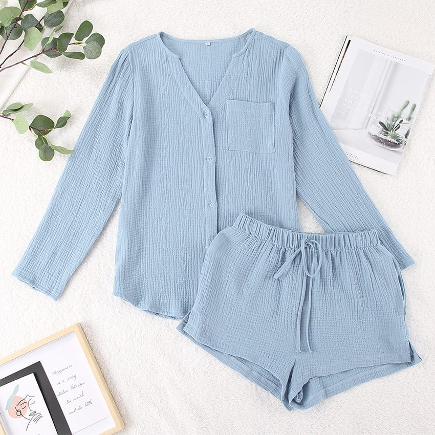 L / Blue OOTN Pocket Nightwear Single Breasted Women's Nightgown Full Sleeve Women Pajama 100%Cotton Autumn Sleepwear Suits With Shorts