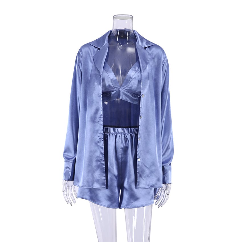 L / Blue OOTN Sexy Suits With Shorts Pijama Robes Women Pajama Sets Nightgowns  Bathrobes Set Woman 3 Pieces Simple Robe Women's Pajamas