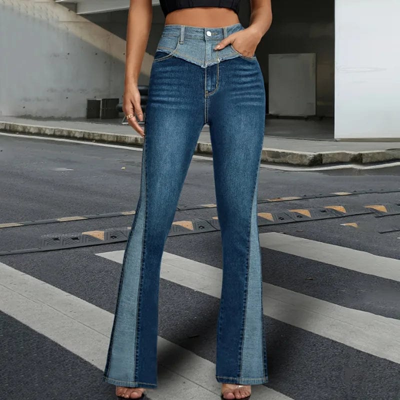 L / Blue OUDINA 2023 New Autumn American Splicing Design Slim Bootcut Jeans Contrasting Color Trousers Women