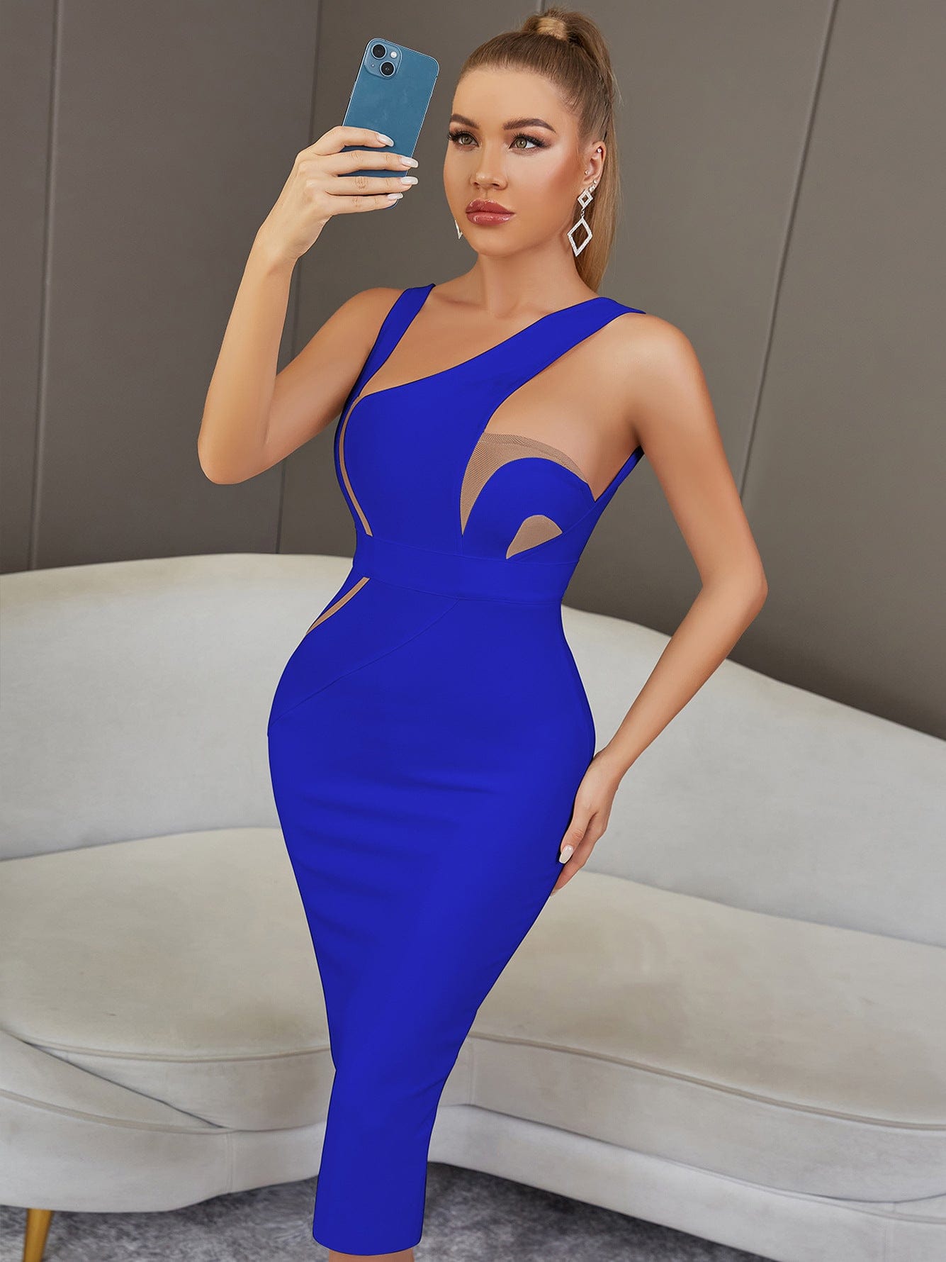 L / Blue OUDINA New Arrivals Off Shoulder Tight Backless Sexy Dresses Elegant Women Evening Dress 2023