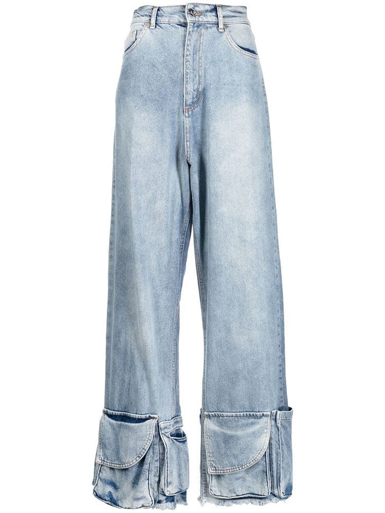 L / Blue OUDINA New Multi-bag Vintage Straight Denim Mujer Trousers Women Pants Woman Wide Leg Cargo Jeans