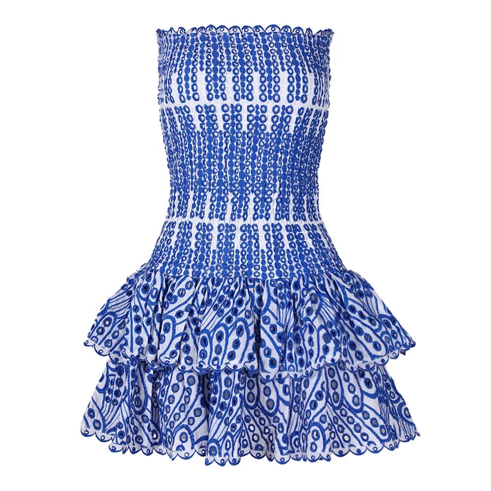 L / Blue OUDINA New Style Niche Design Sexy Tube Dress Hollow Embroidery Waisted Ruffle Women's Dresses