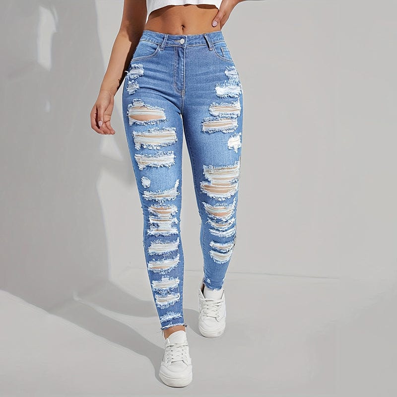 L / Blue OUDINA Trendy Wholesale Casual Vintage Denim Trousers Ladies Skinny Jean Pants Ripped Jeans Women