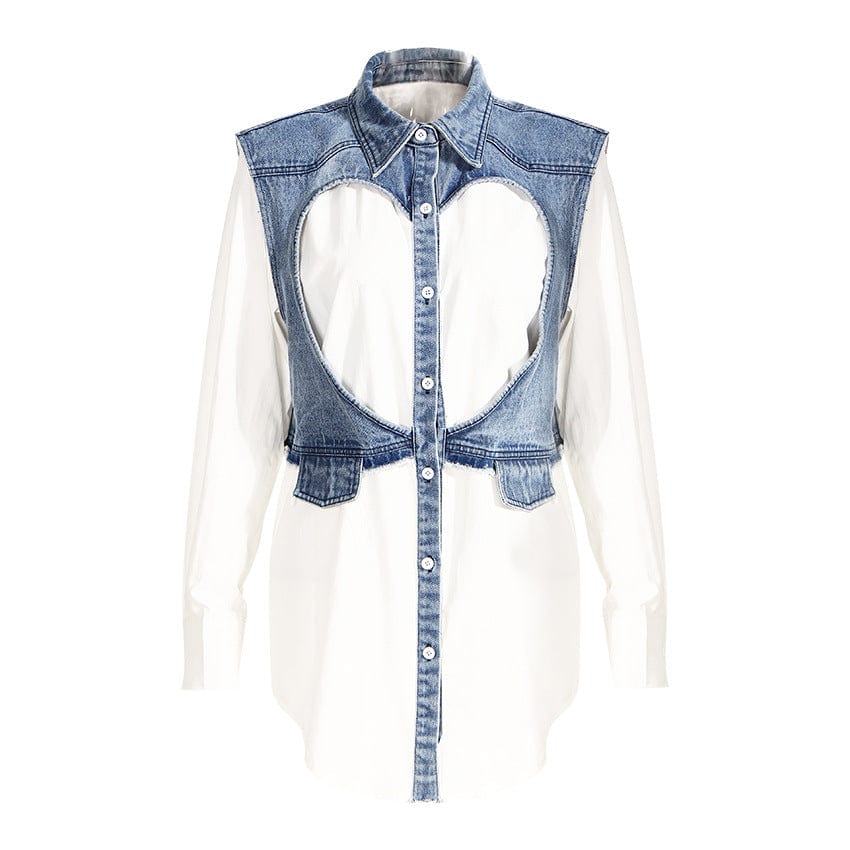L / Blue OUDINA Wholesale RTS Casual Patchwork Denim Top Heart-shaped Cotton Hollow Ladies Shirt Tops Women's Blouses & Shirts