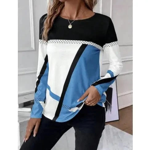 L / Blue / Polyester / Cotton 2024 European and American Women's new pullover Round neck Contrast color Stitching geometric Printed top Women's T-shirt