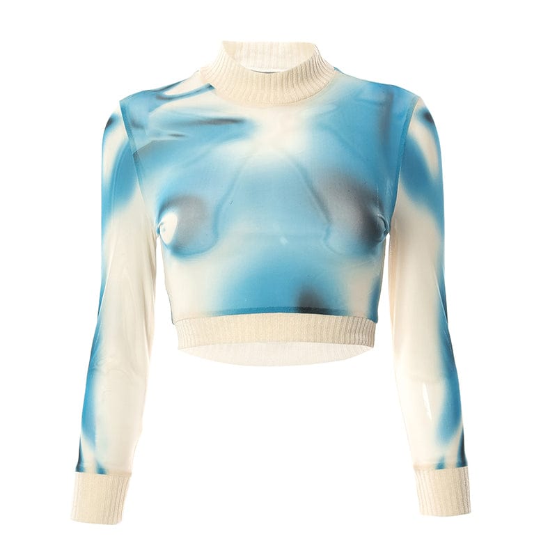 L / Blue Printed Pullover Top Long Sleeve High Neck Navel Crop Women's Slim Casual Top