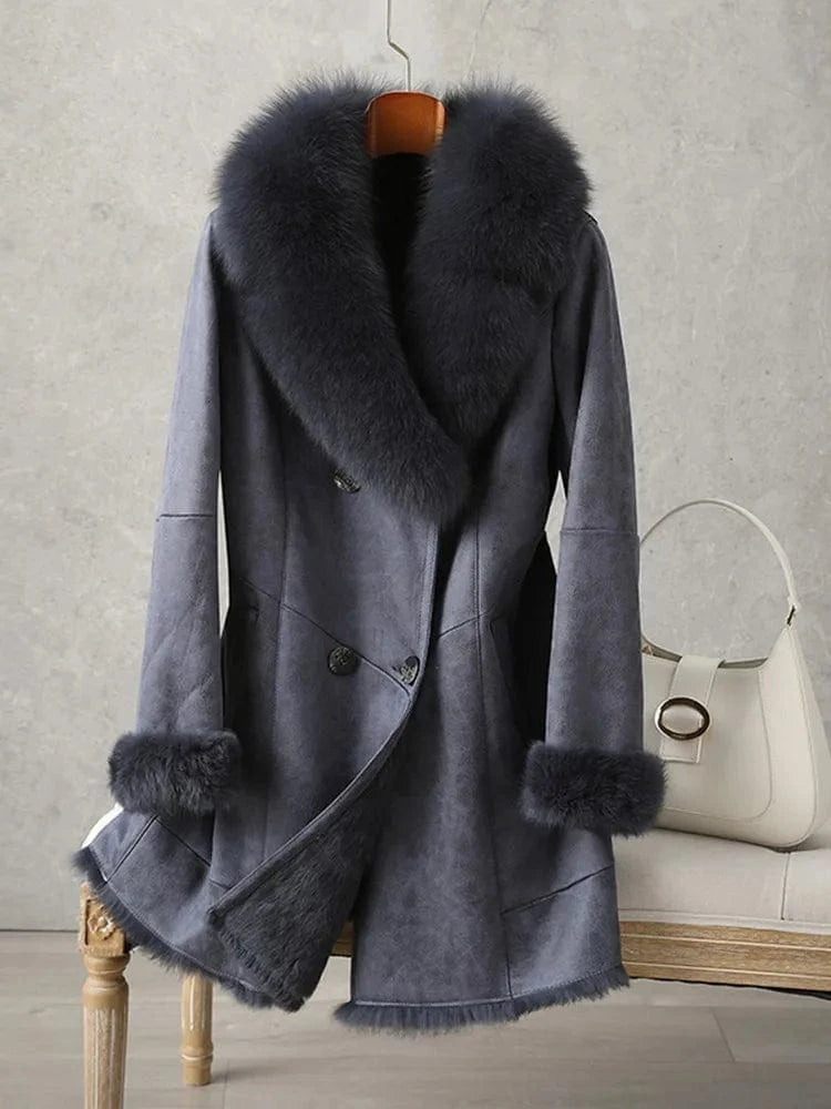 L / Blue PUDI Women Winter Fur Coat Long Jacket Trench CT189 Fox Collar Rabbit Lining Luxury Lady Vintage Thick Woolen Nonwoven Full Pelt