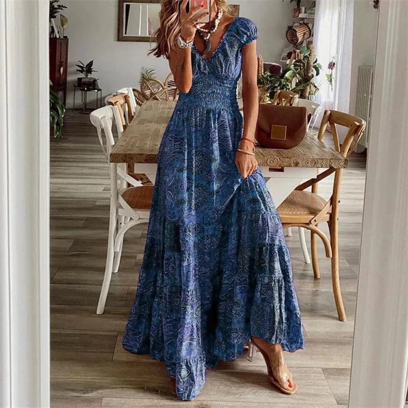 L / Blue S-3XL Bohemian style new dress long skirt with waist cinched floral print large hem dress