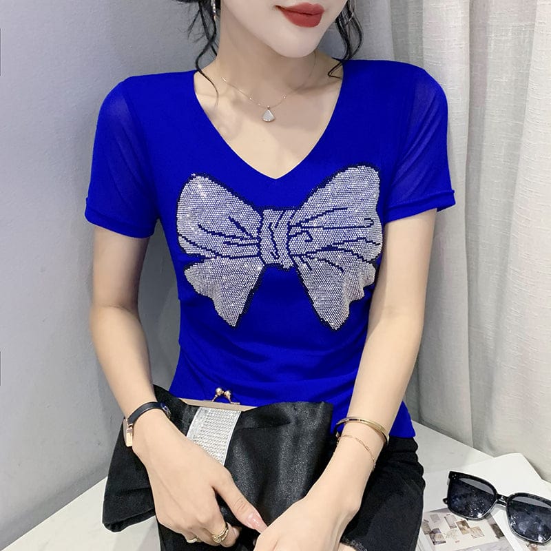 L / Blue Sexy Mesh T-shirt Women Summer V-neck Handmade Diamonds Beading Bow Slim Stretchy Women Tops Tees Black Blue Short Sleeve T25602