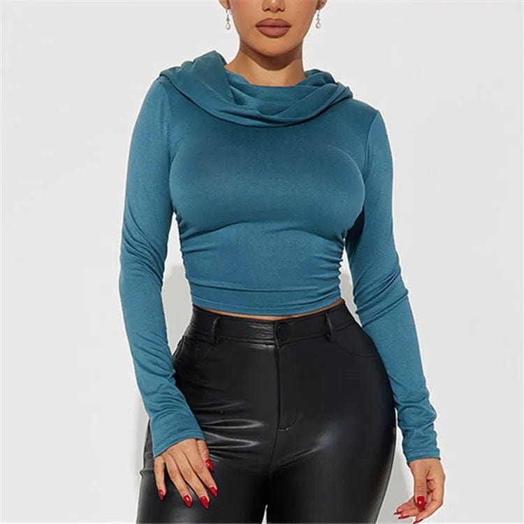 L / Blue / Spandex / Polyester Solid Folds Hooded Crop Top Women Grunge y2k Full Sleeve Skinny T Shirts Harajuku Street Style Autumn Tees