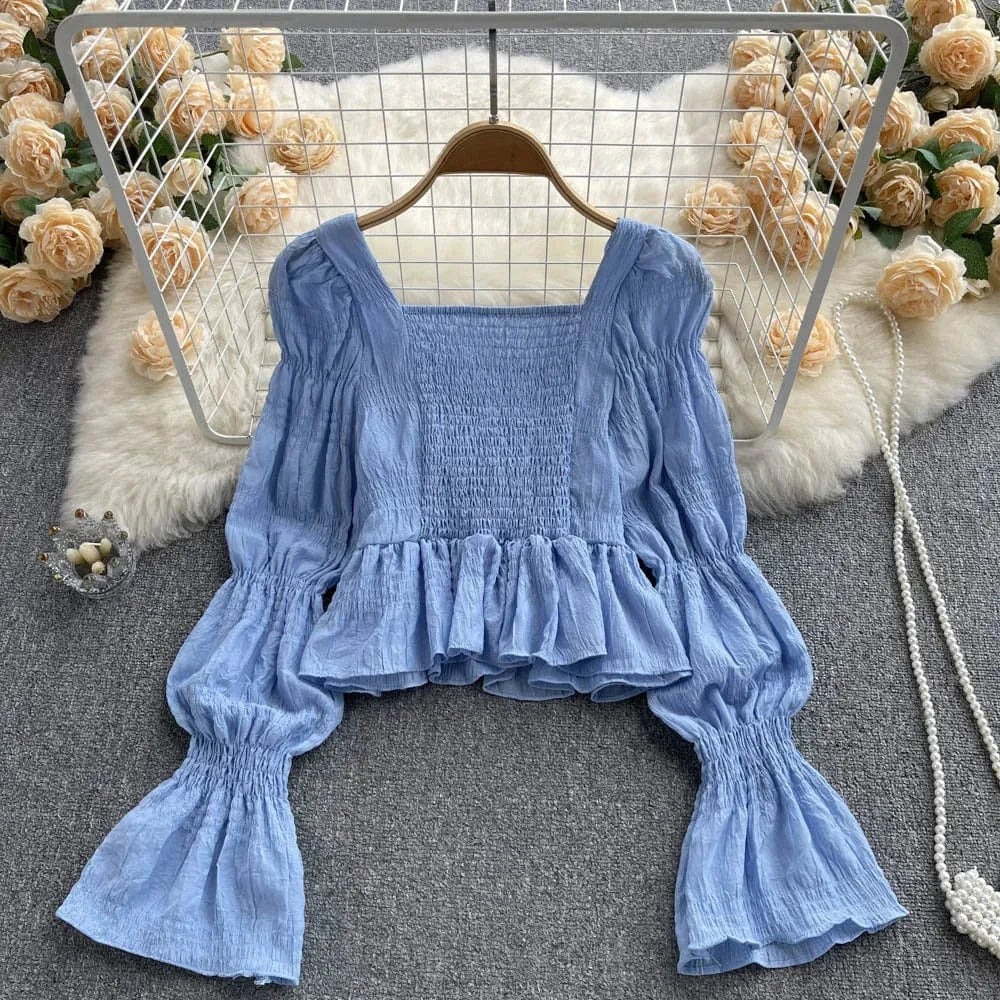 L / Blue Spring and Autumn New Women Ruffle Square Neck Pretty Flare Long Sleeve Blouse Shirt