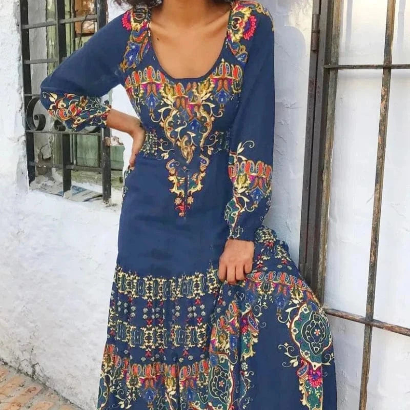 L / Blue Spring And Autumn U-neck Pullover Fashion Retro Printed Elegant Long Sleeve Long Dress 2023