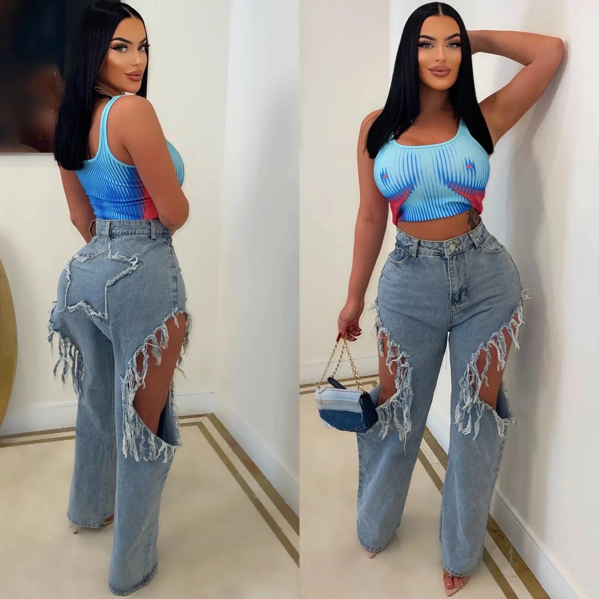 L / Blue Summer Women's Fashion Sexy Ripped Wash Denim Pants Stretch High Waist Pantalon Jean Femm For Women