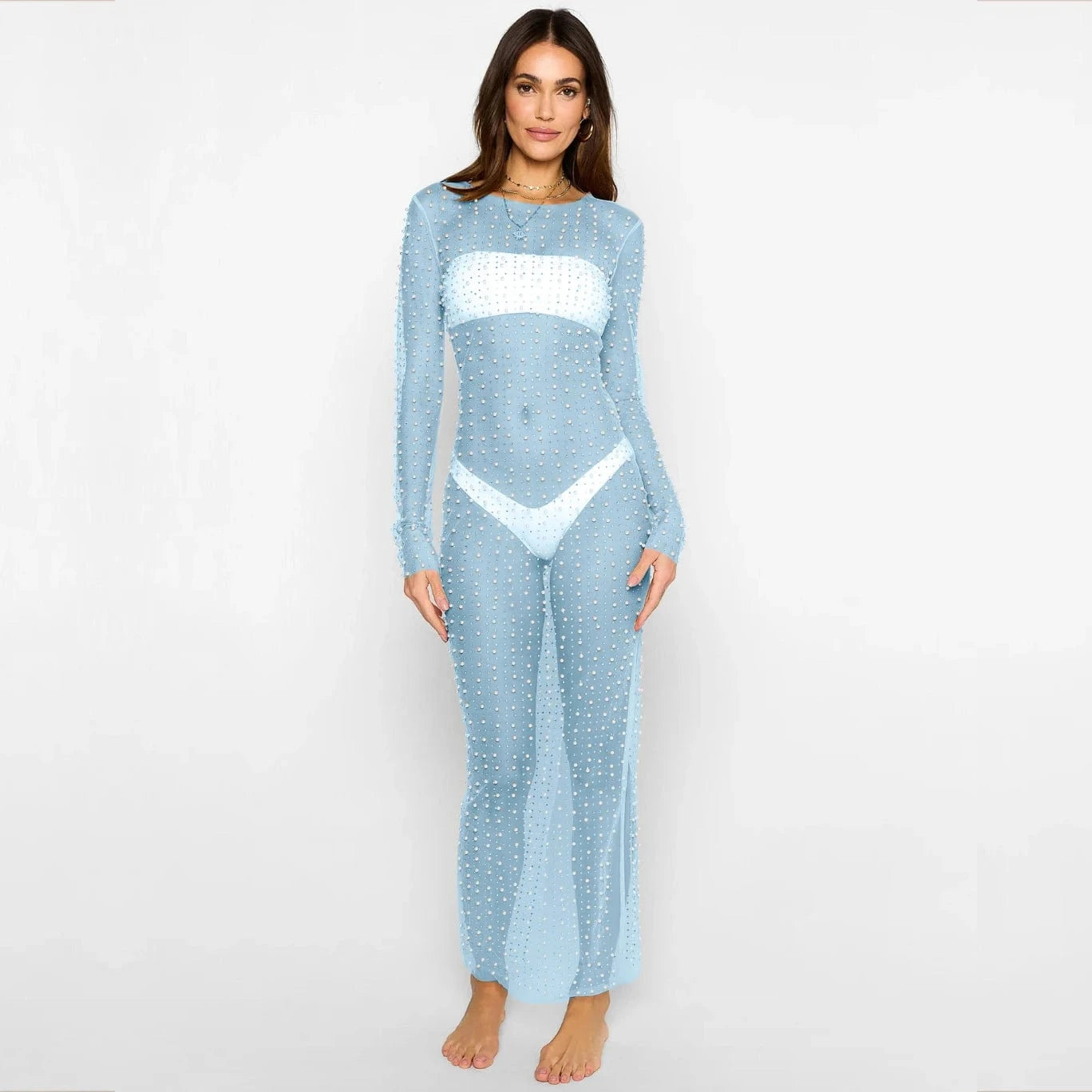 L / Blue W-S1171A Rhinestone Mesh See Through Dress Lady Long Sleeve Transparent Bikini Cover Up Clubwear Fashion Sexy Sheer Dress