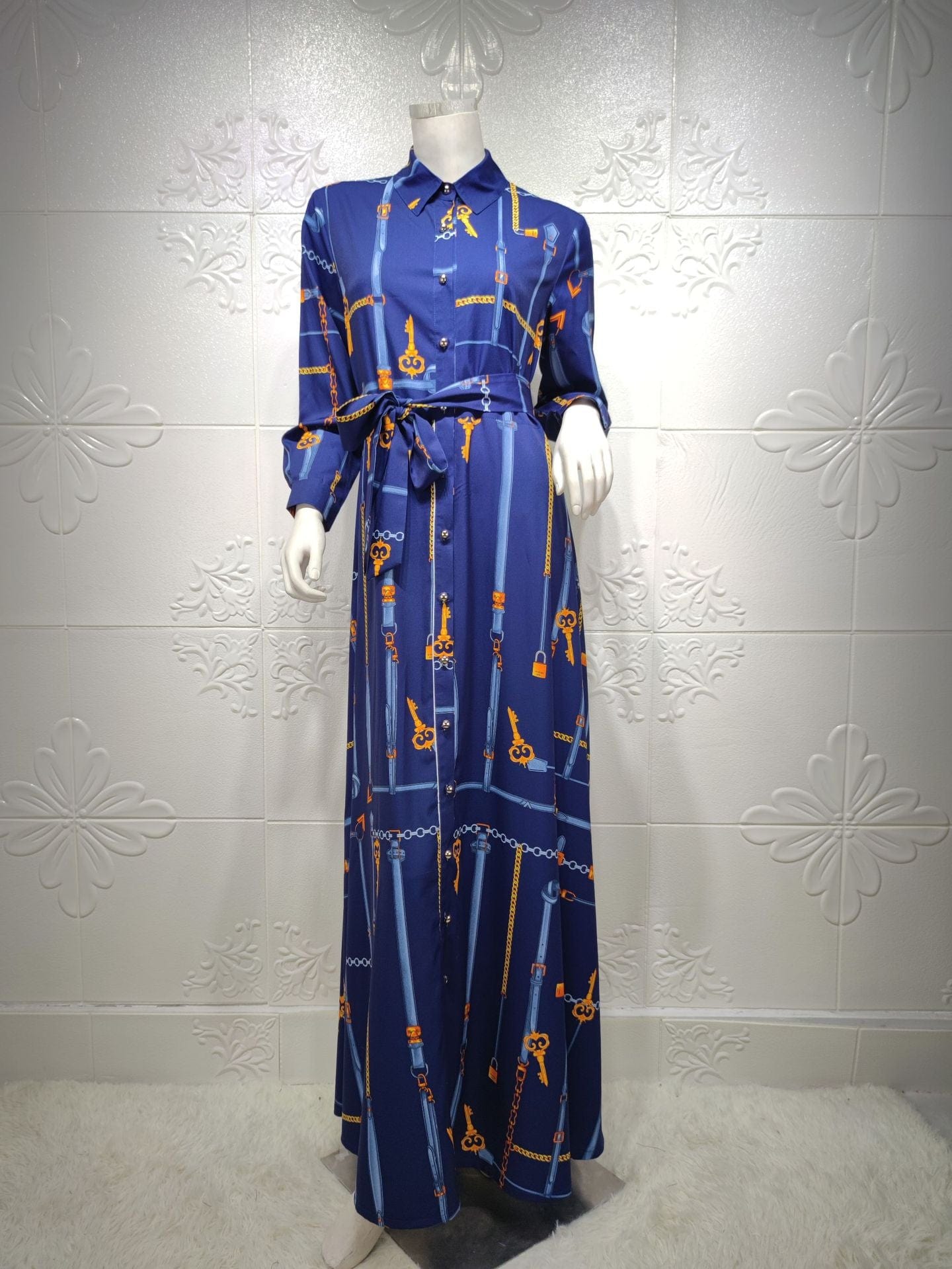 L / Blue Wholesale Chain Print Long Sleeve Muslim Gown Maxi Dress with Belt Dubai Abaya Islamic Clothing Women Muslim Evening Party Dress